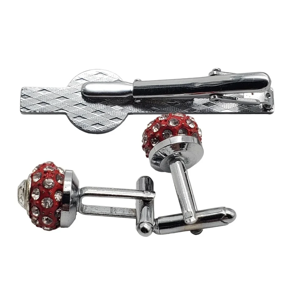 Red Enamel Cufflinks Tie Clip Clasp Rhiinestone Silver Tone Ball Suit Accessory